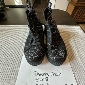 Demonia Black Lace-Up Platform Boots with White Spiderweb Embroidery